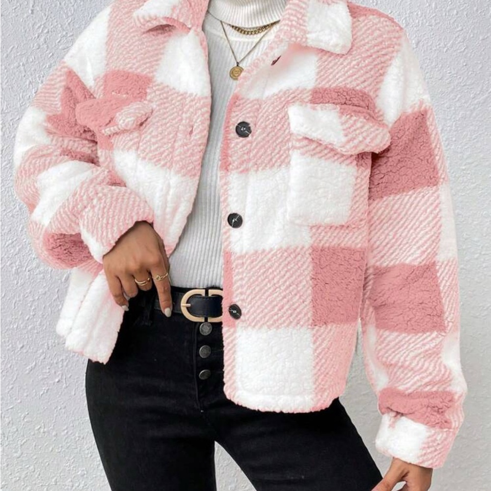 Pink and White Oversized Teddy Jacket with Fluffy Texture